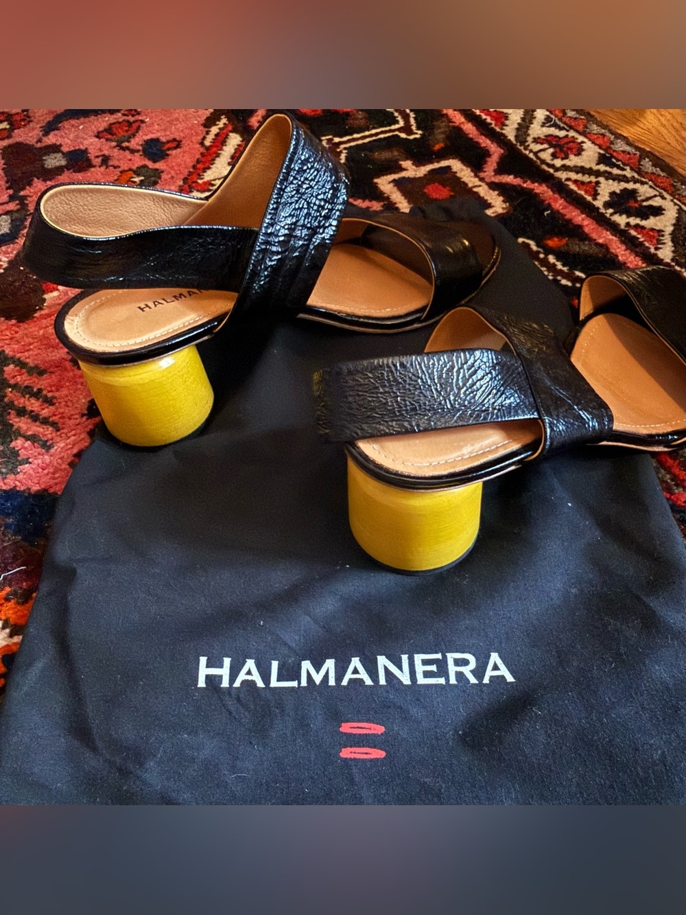 Halamanera Black Sandals with a lovely Yellow Block Heel
